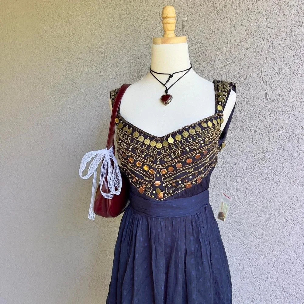 Free‎ People Indigo Blue Coin Embellished Dress Size 6 Beaded $350 Retail